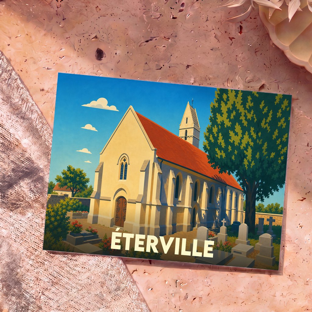 Carte postale souvenir de la ville d'Éterville avec une illustration stylisée de son église et de son cimetière.