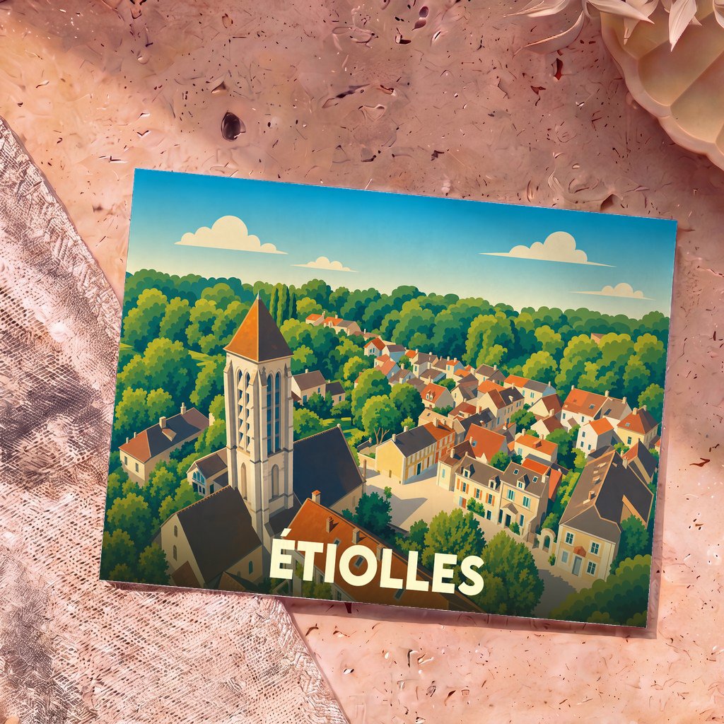 Carte postale souvenir de la ville d'Étiolles avec une illustration stylisée et colorée de son église et de ses toits.