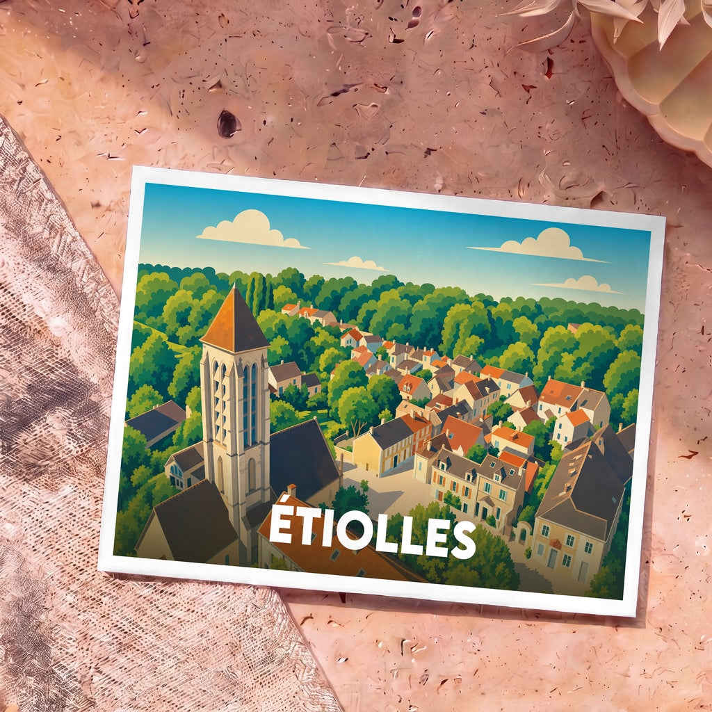 Carte postale souvenir de la ville d'Étiolles avec une illustration stylisée et colorée de son église et de ses toits.