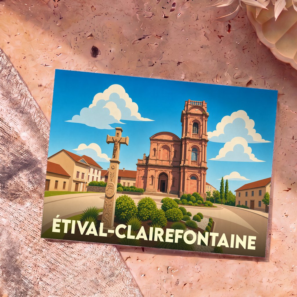Carte postale souvenir de la ville d'Étival-Clairefontaine avec une illustration stylisée de son abbaye.
