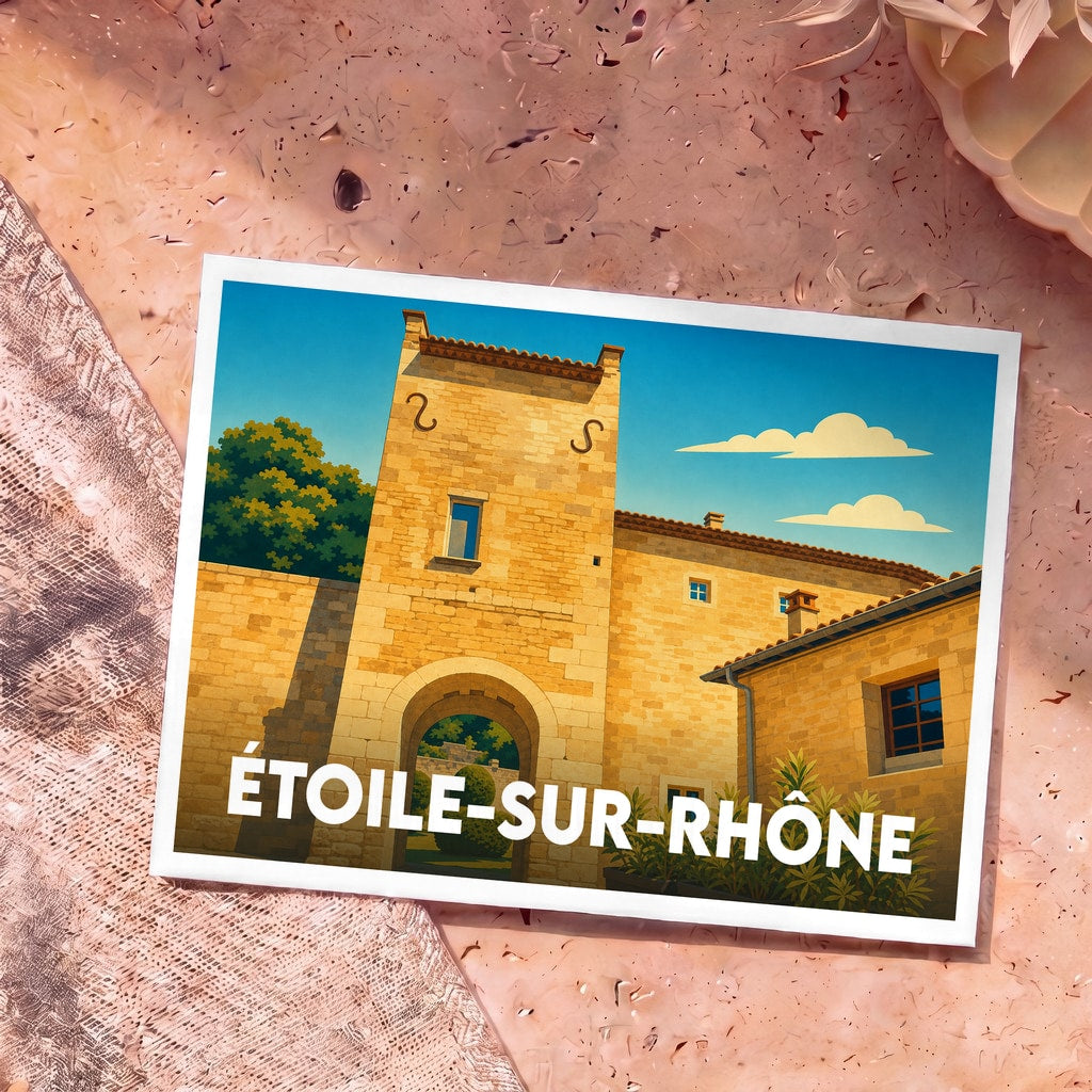 Carte postale souvenir de la ville de Étoile-sur-Rhône avec une illustration stylisée d'une porte fortifiée médiévale.