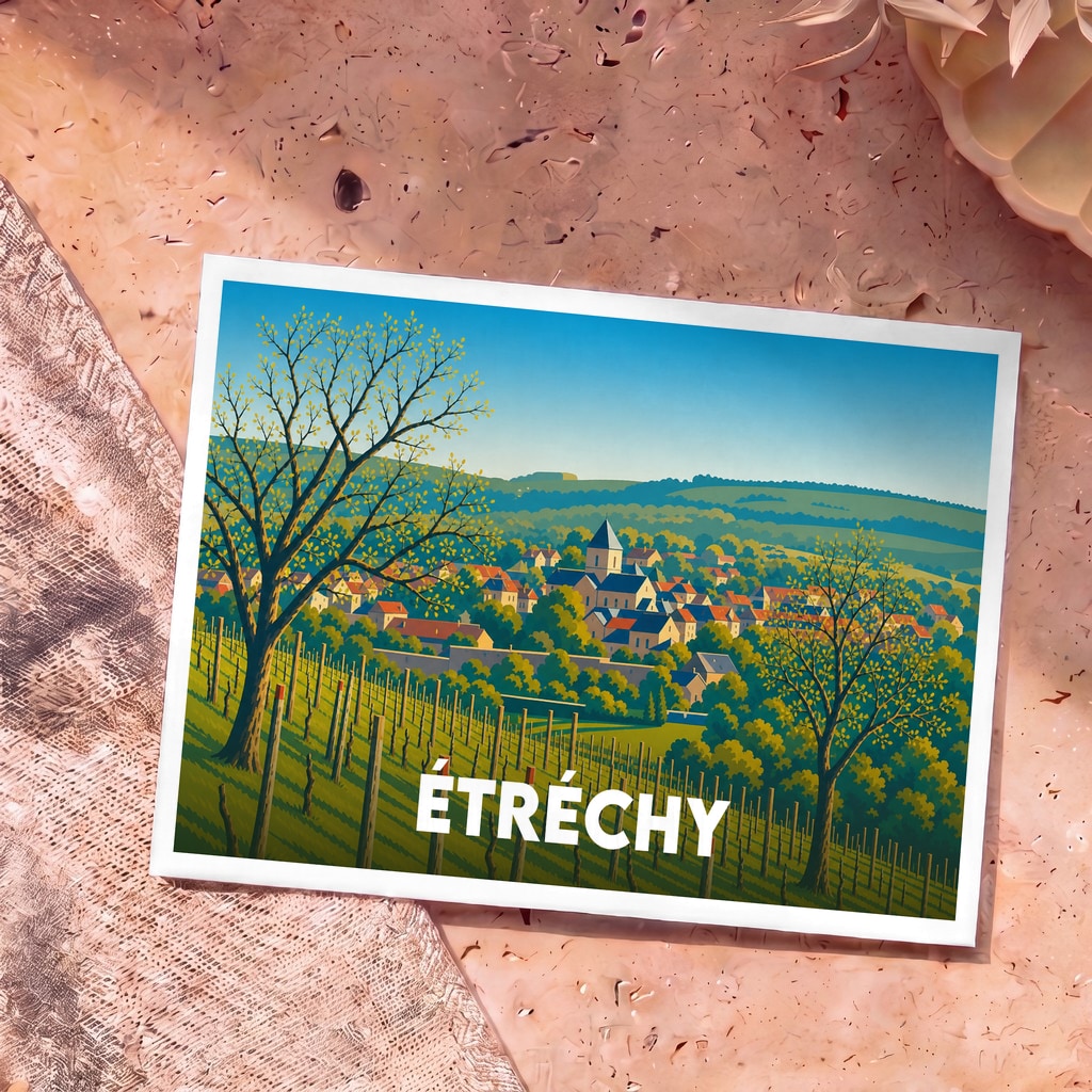 Carte postale souvenir de la ville d'Étréchy avec une illustration stylisée de son paysage et de ses vignobles.