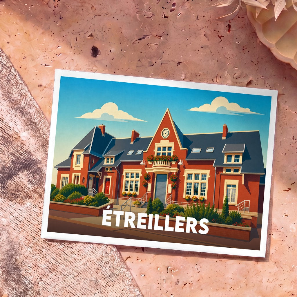 Carte postale souvenir de la ville d'Étreillers illustrant la mairie dans un style graphique épuré.