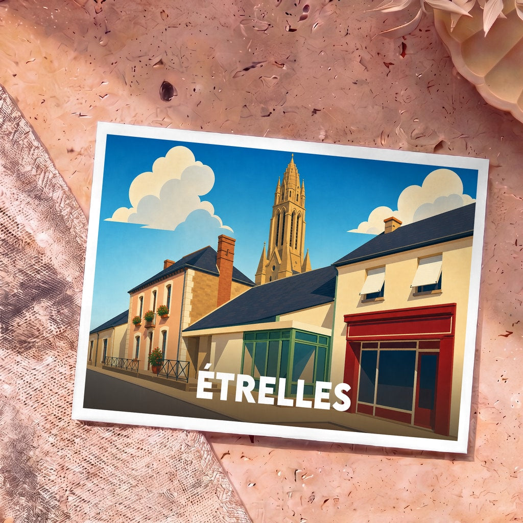 Carte postale souvenir de la ville d'Étrelles avec une illustration stylisée de ses rues et de son église.