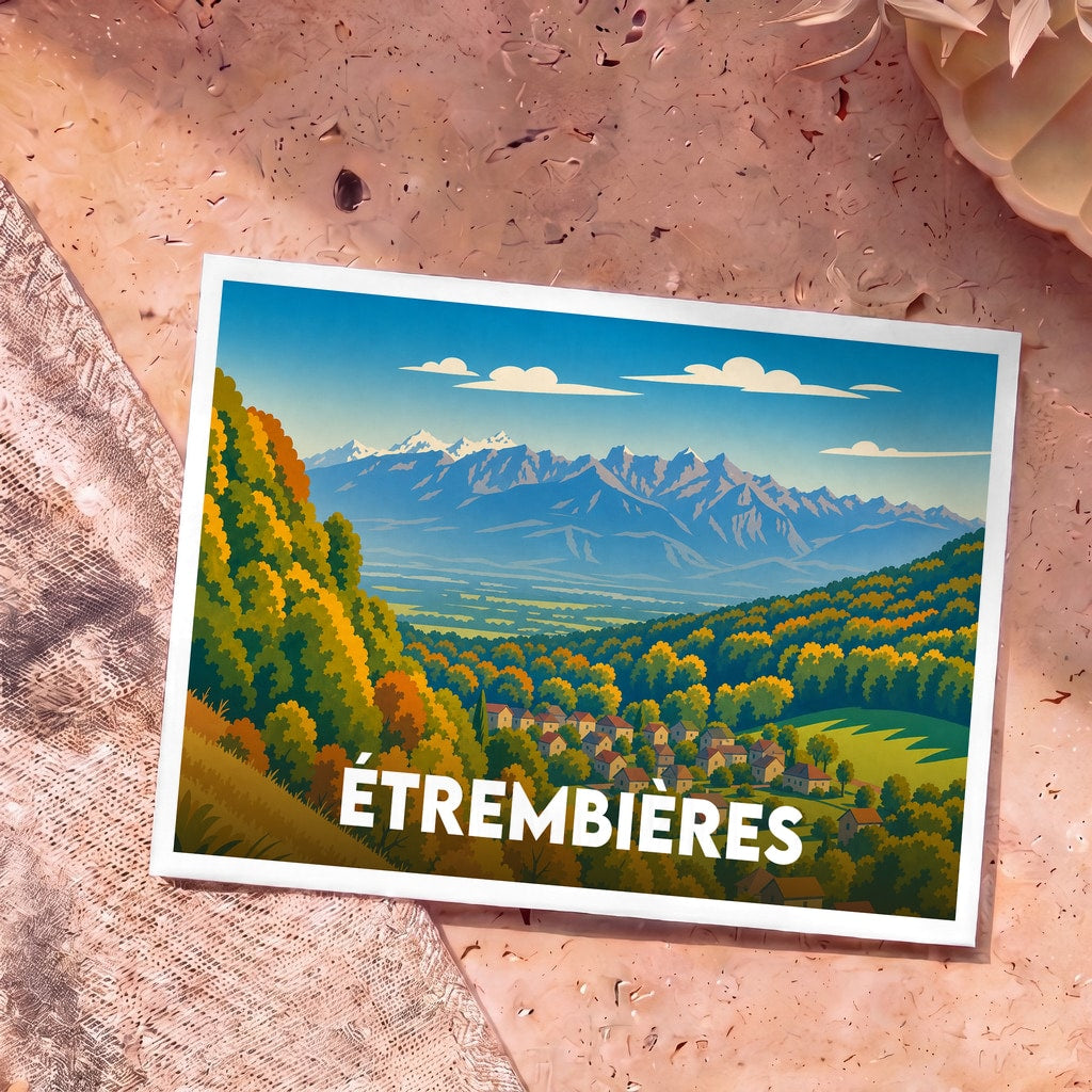 Carte postale souvenir de la ville d'Étrembières avec une illustration stylisée d'un paysage de montagne.