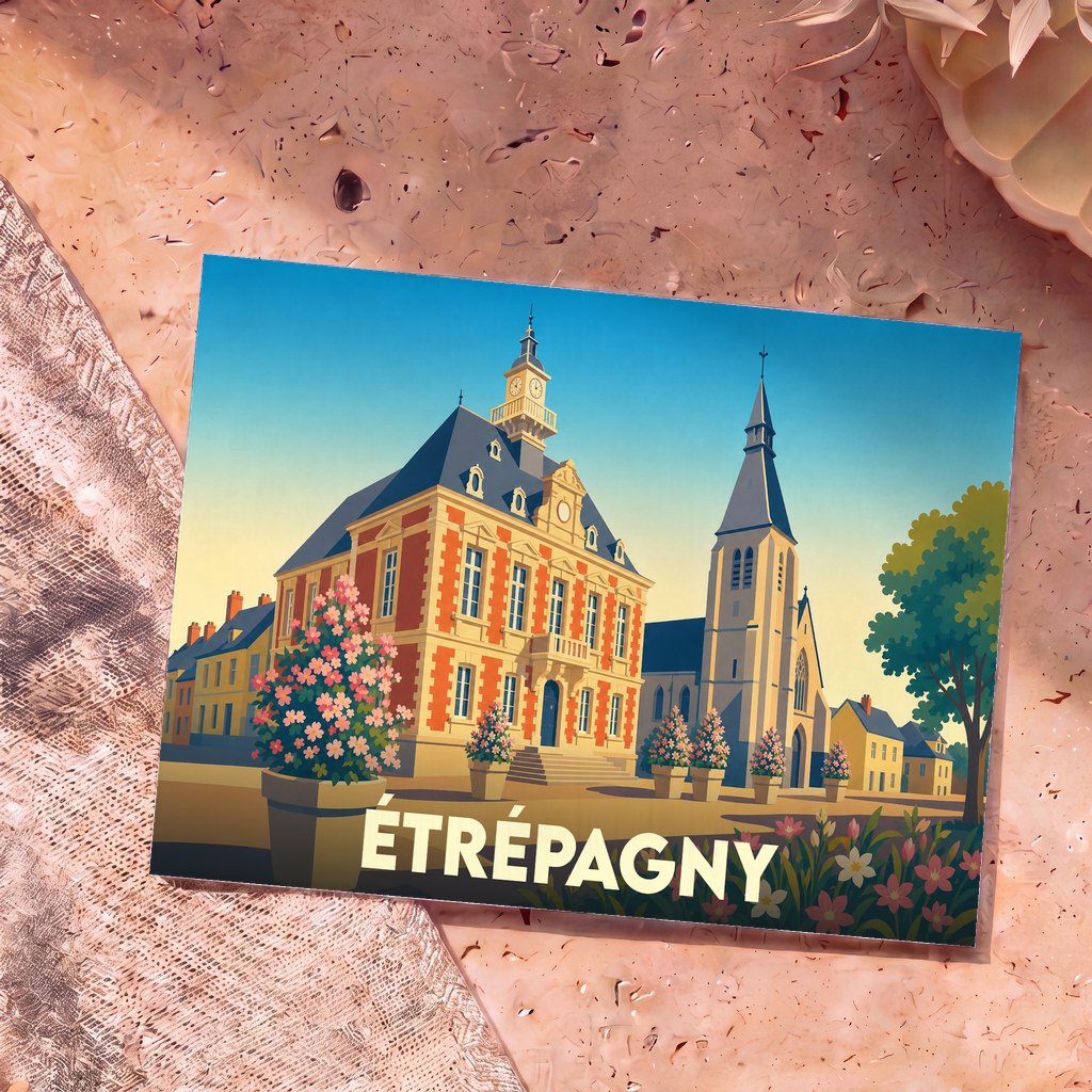 Carte postale souvenir de la ville d'Étrépagny avec une illustration stylisée de sa mairie et de son église.