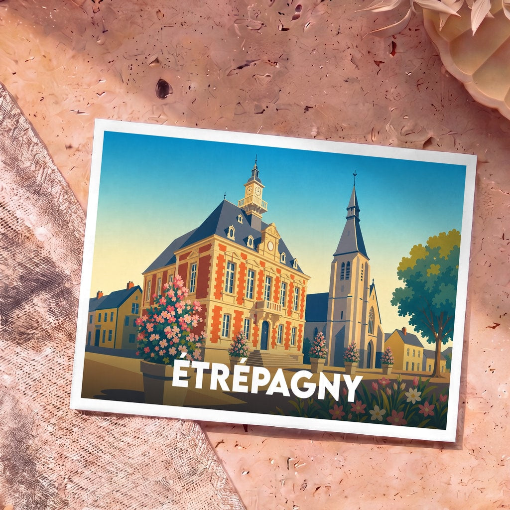 Carte postale souvenir de la ville d'Étrépagny avec une illustration stylisée de sa mairie et de son église.