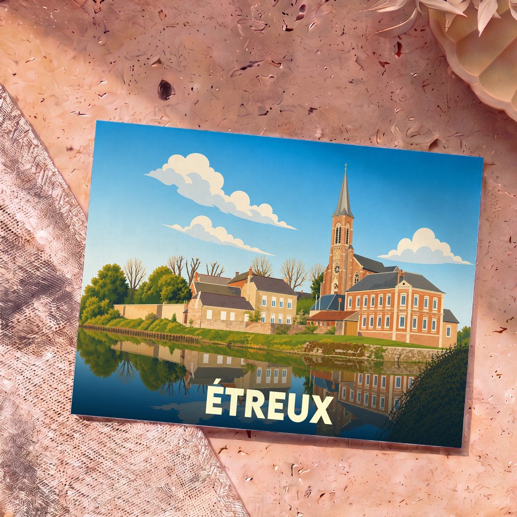 Carte postale souvenir de la ville d'Étreux avec une illustration stylisée d'une église et de maisons se reflétant dans l'eau.