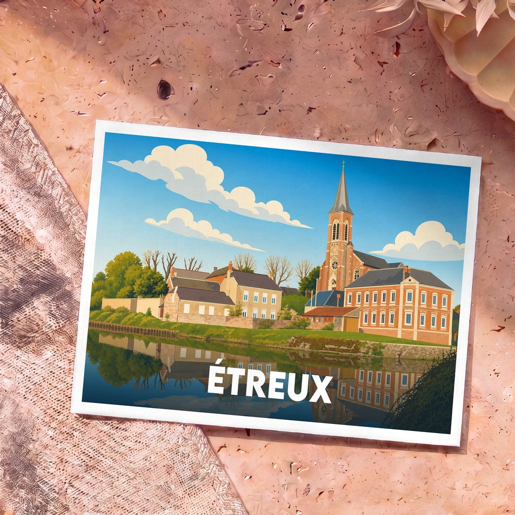 Carte postale souvenir de la ville d'Étreux avec une illustration stylisée d'une église et de maisons se reflétant dans l'eau.