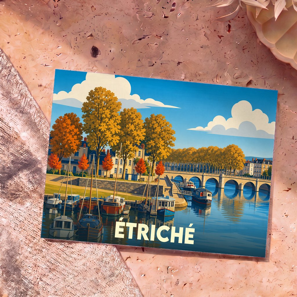 Carte postale souvenir de la ville d'Étriché avec une illustration stylisée d'un quai bordé de bateaux et d'arbres automnaux.