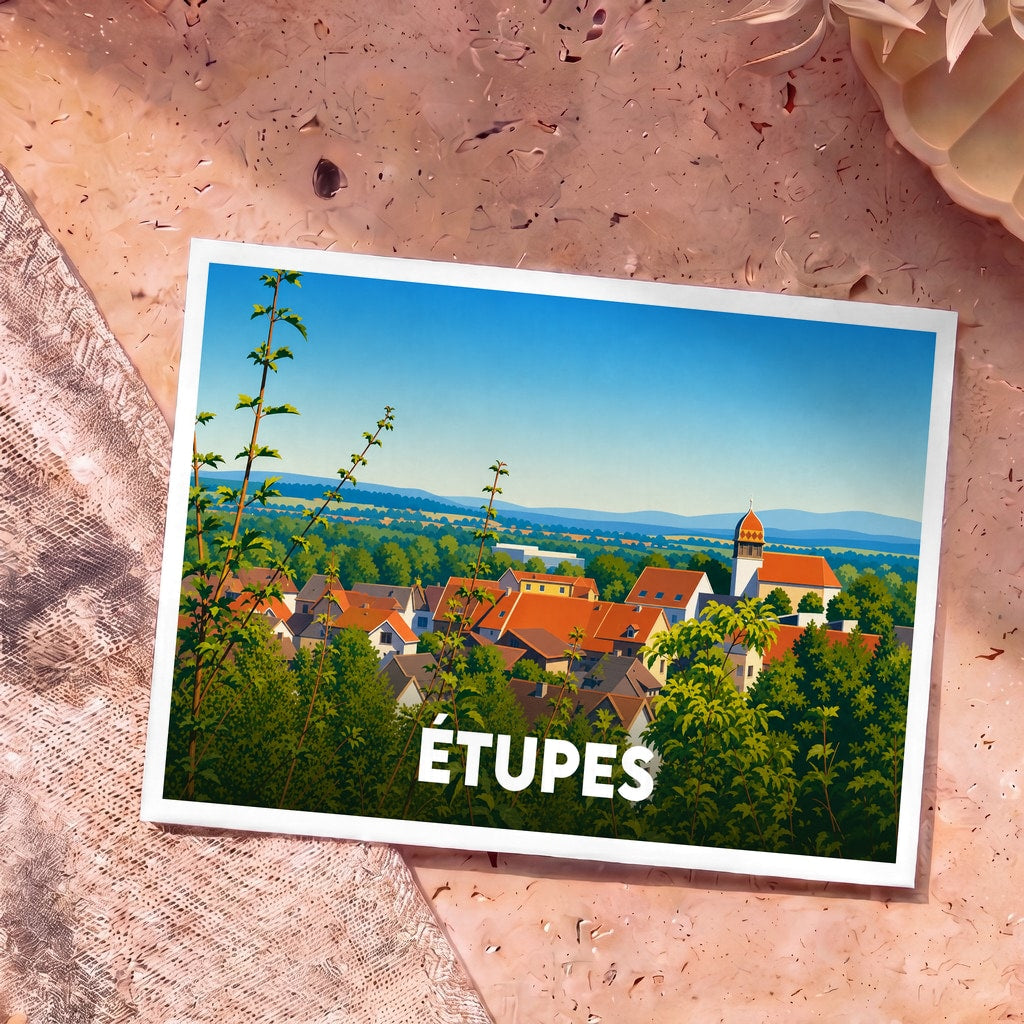 Carte postale souvenir de la ville d'Étupes avec une illustration stylisée de ses toits et de son église.