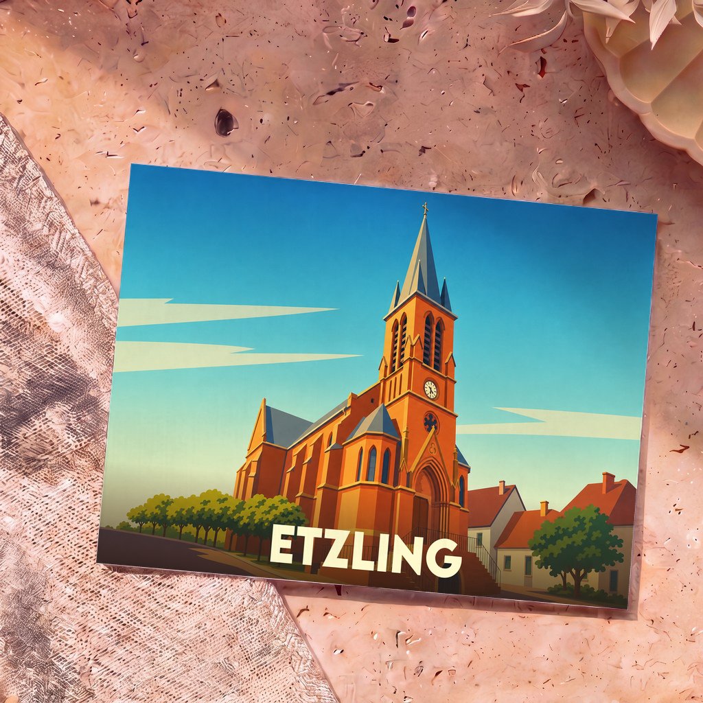 Carte postale souvenir de la ville d'Etzling avec une illustration stylisée d'une église.