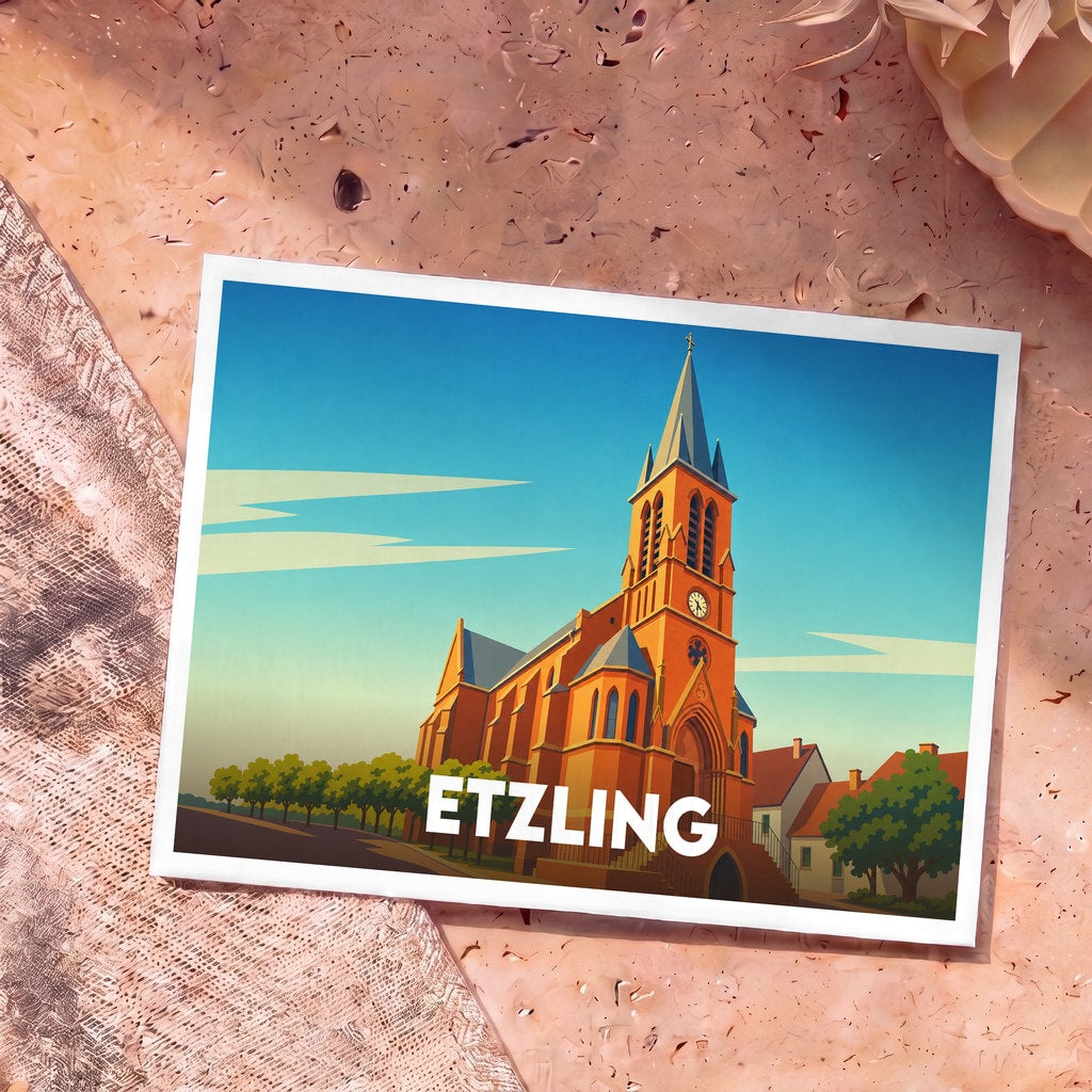 Carte postale souvenir de la ville d'Etzling avec une illustration stylisée d'une église.