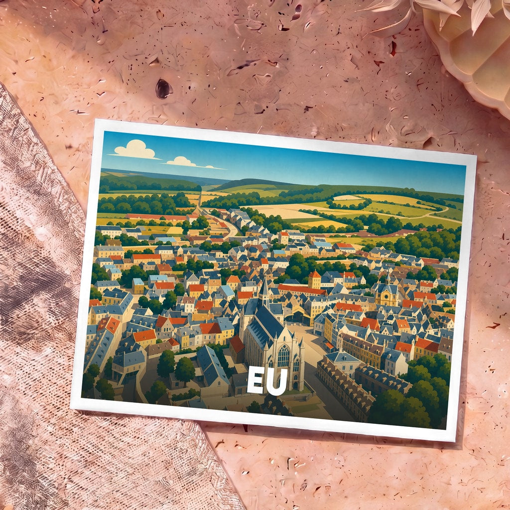 Carte postale souvenir de la ville de Eu avec une illustration stylisée vue du ciel.