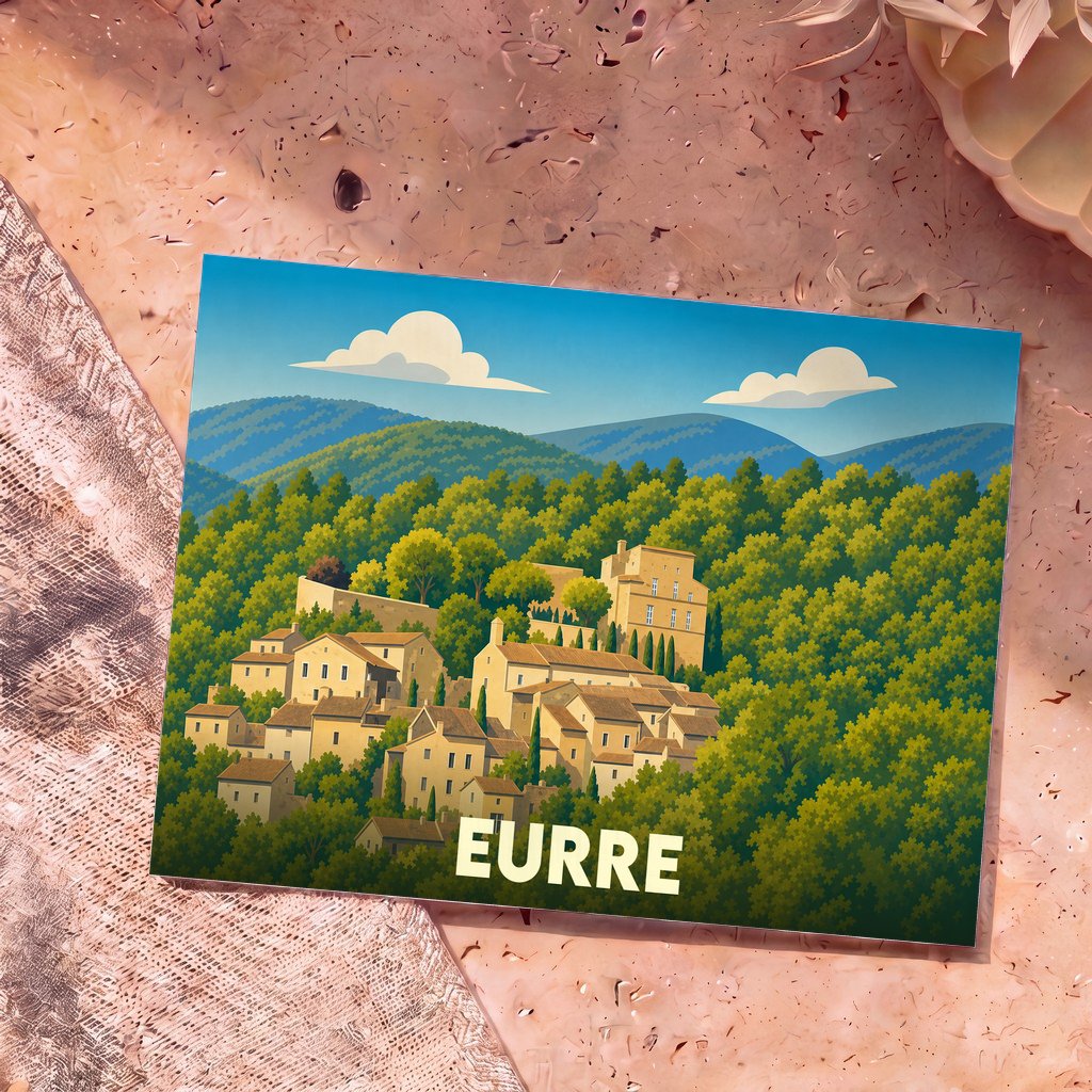 Carte postale souvenir de la ville d'Eurre avec une illustration stylisée d'un village perché en pleine nature.