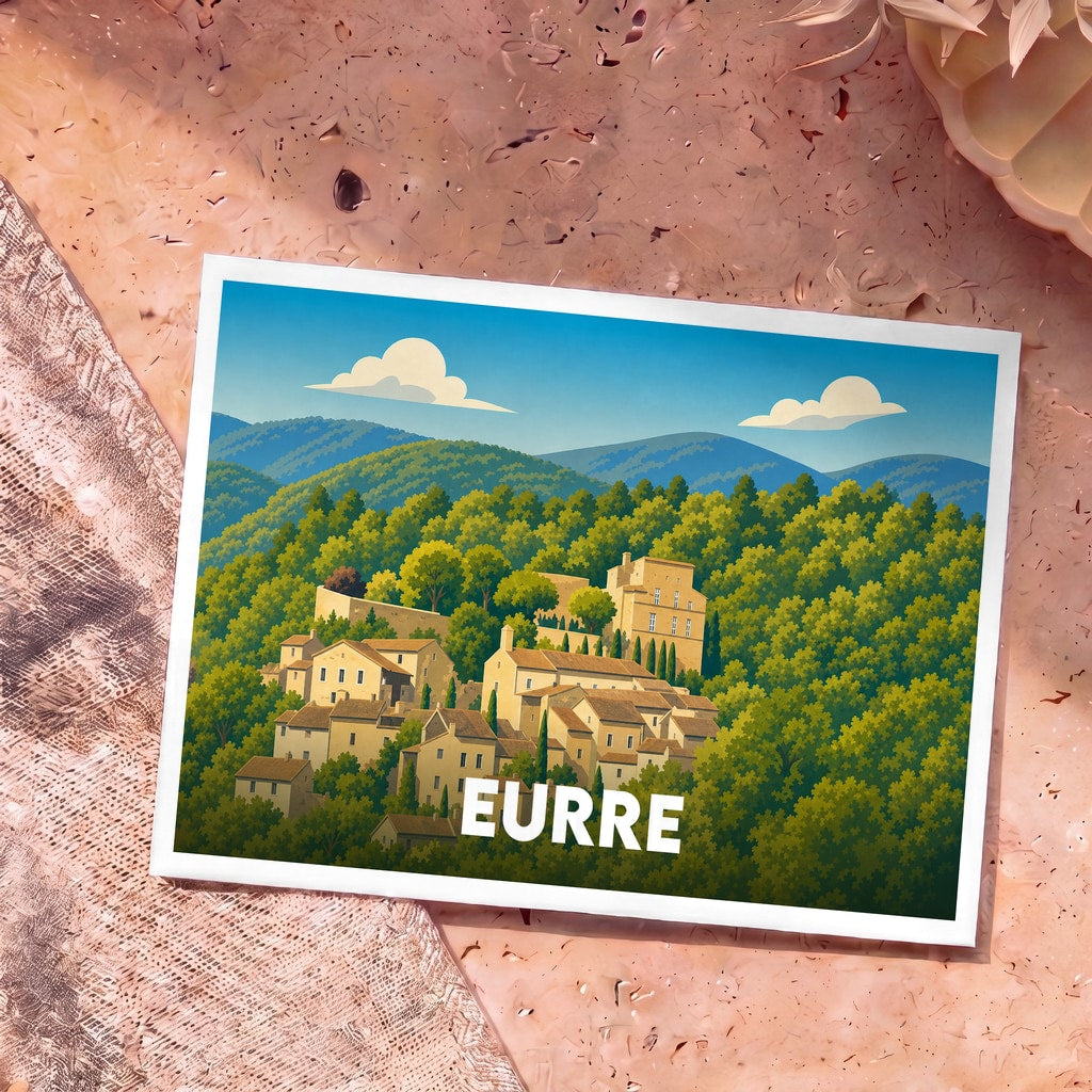 Carte postale souvenir de la ville d'Eurre avec une illustration stylisée d'un village perché en pleine nature.