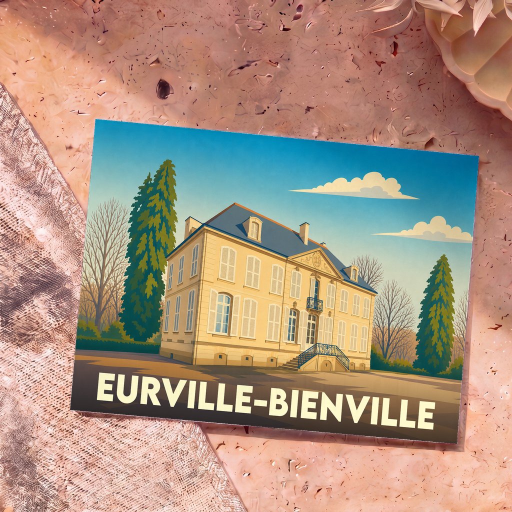 Carte postale souvenir de la ville d'Eurville-Bienville avec une illustration stylisée d'une demeure bourgeoise.