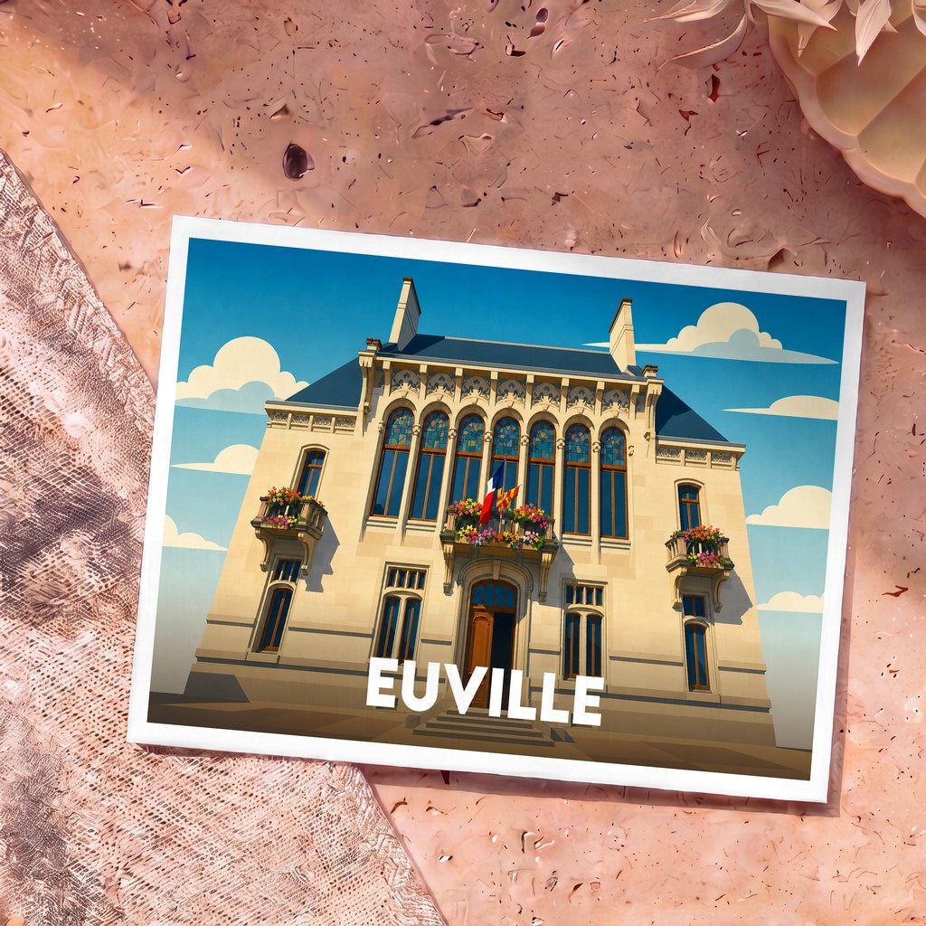 Carte postale souvenir de la ville d'Euville illustrant son hôtel de ville dans un style graphique épuré.