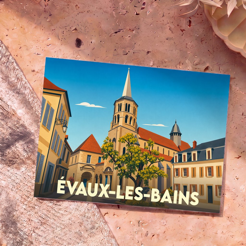 Carte postale souvenir de la ville d'Évaux-les-Bains avec une illustration stylisée de son église et de son centre historique.