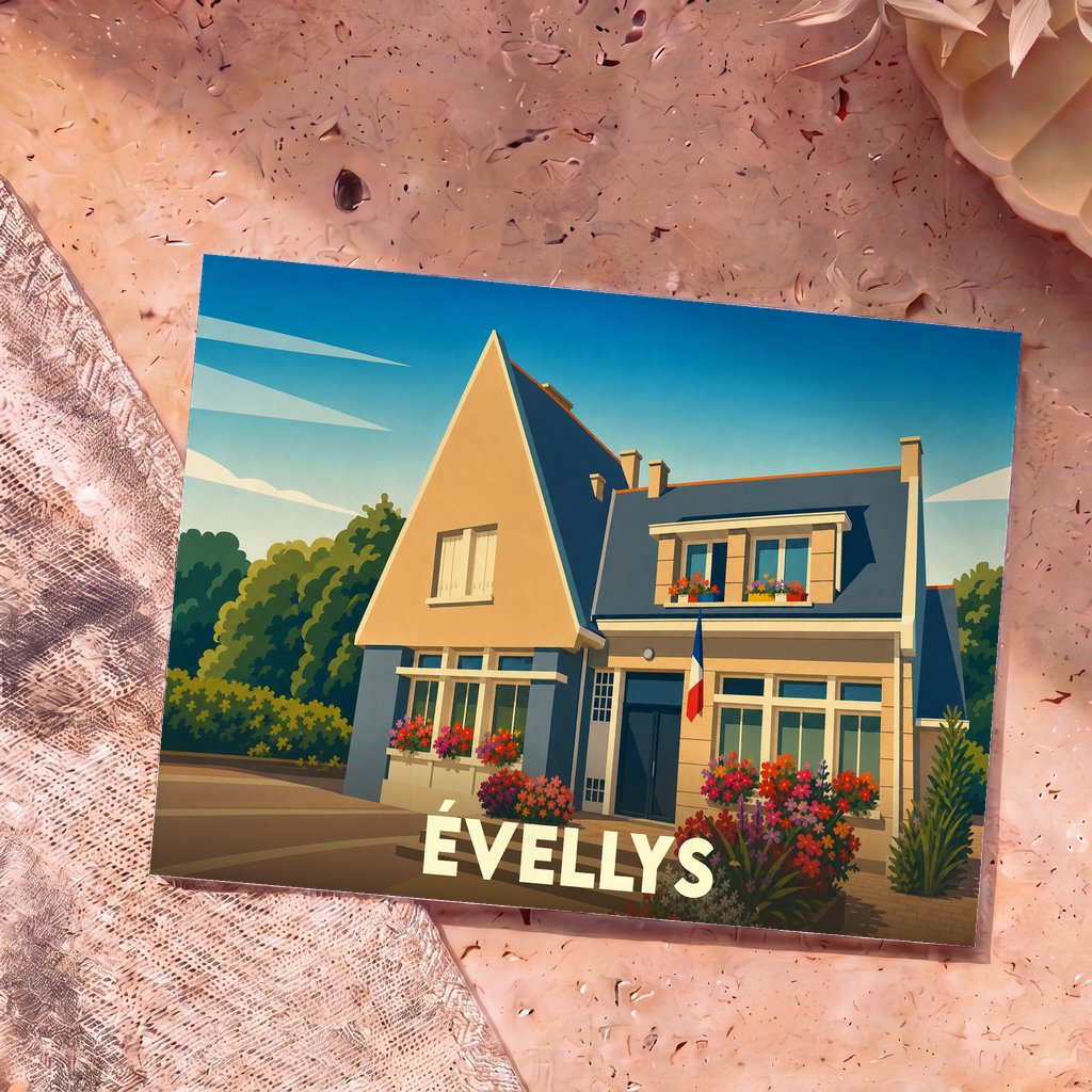 Carte postale souvenir de la ville d'Évellys avec une illustration stylisée d'une maison fleurie.