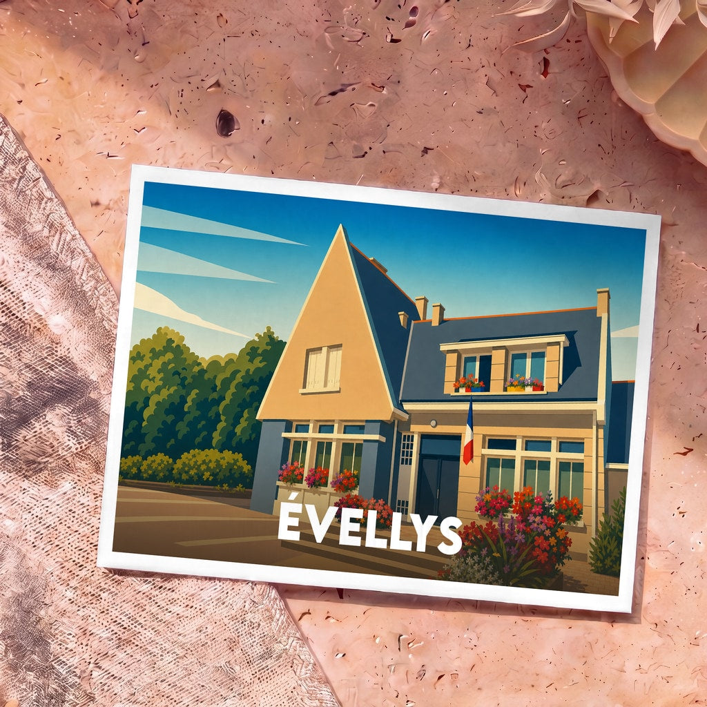Carte postale souvenir de la ville d'Évellys avec une illustration stylisée d'une maison fleurie.