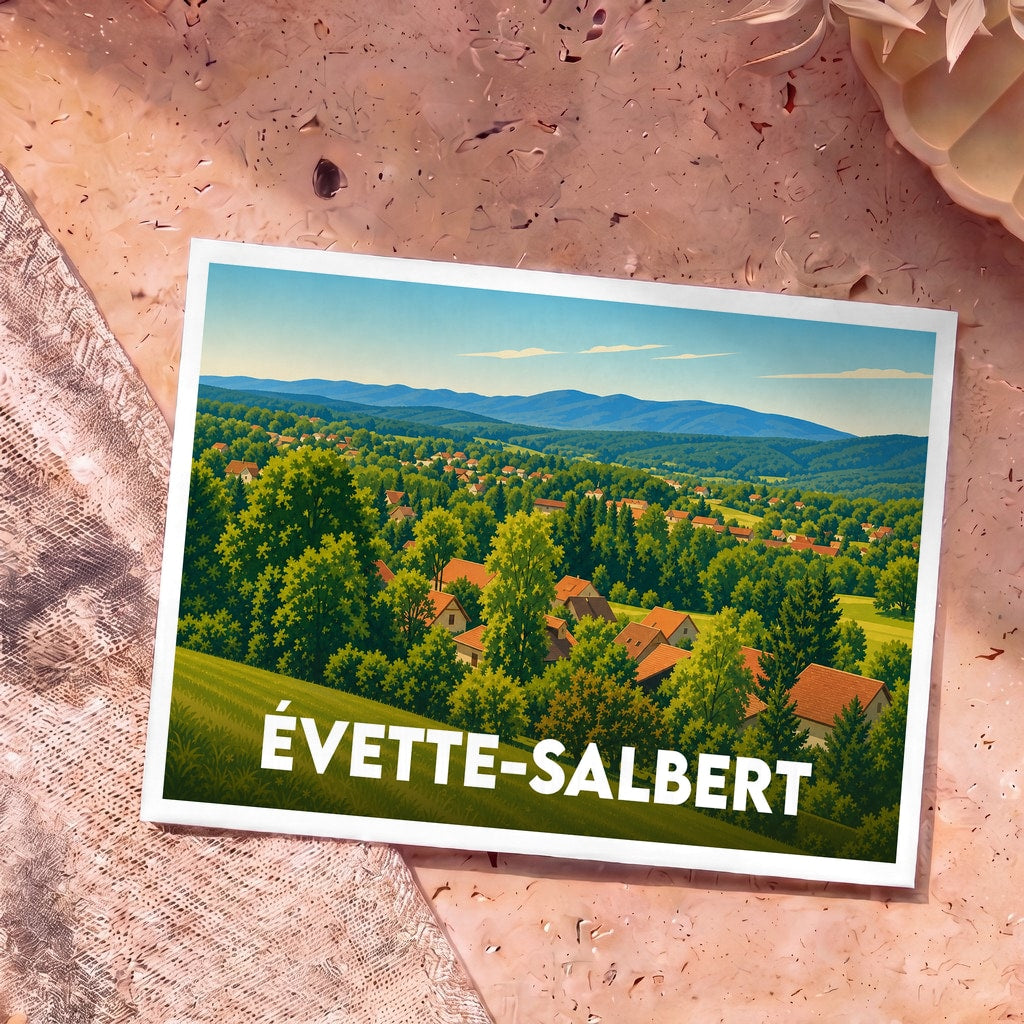 Carte postale souvenir de la ville d'Évette-Salbert illustrant un paysage de village vallonné et verdoyant.