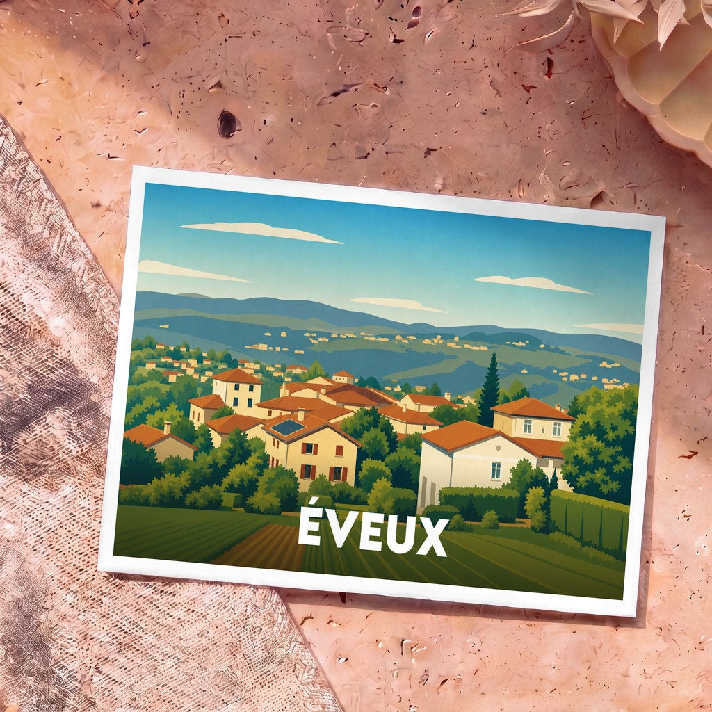 Carte postale souvenir de la ville d'Éveux avec une illustration stylisée de son paysage vallonné.