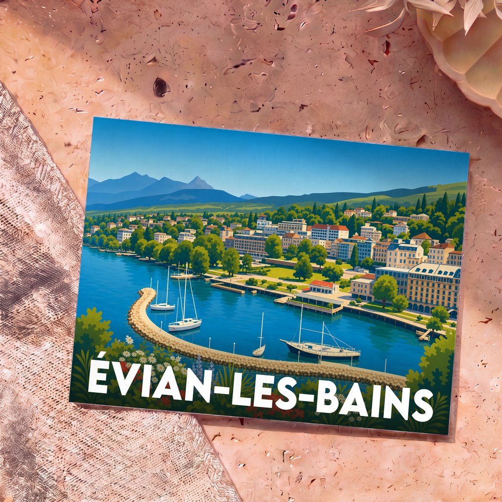 Carte postale souvenir de la ville d'Évian-les-Bains avec une illustration stylisée de son port et des montagnes.