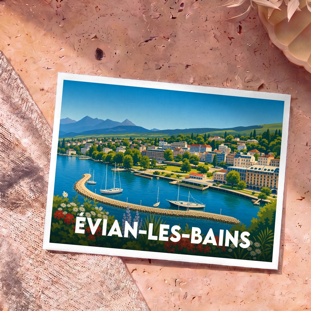 Carte postale souvenir de la ville d'Évian-les-Bains avec une illustration stylisée de son port et des montagnes.