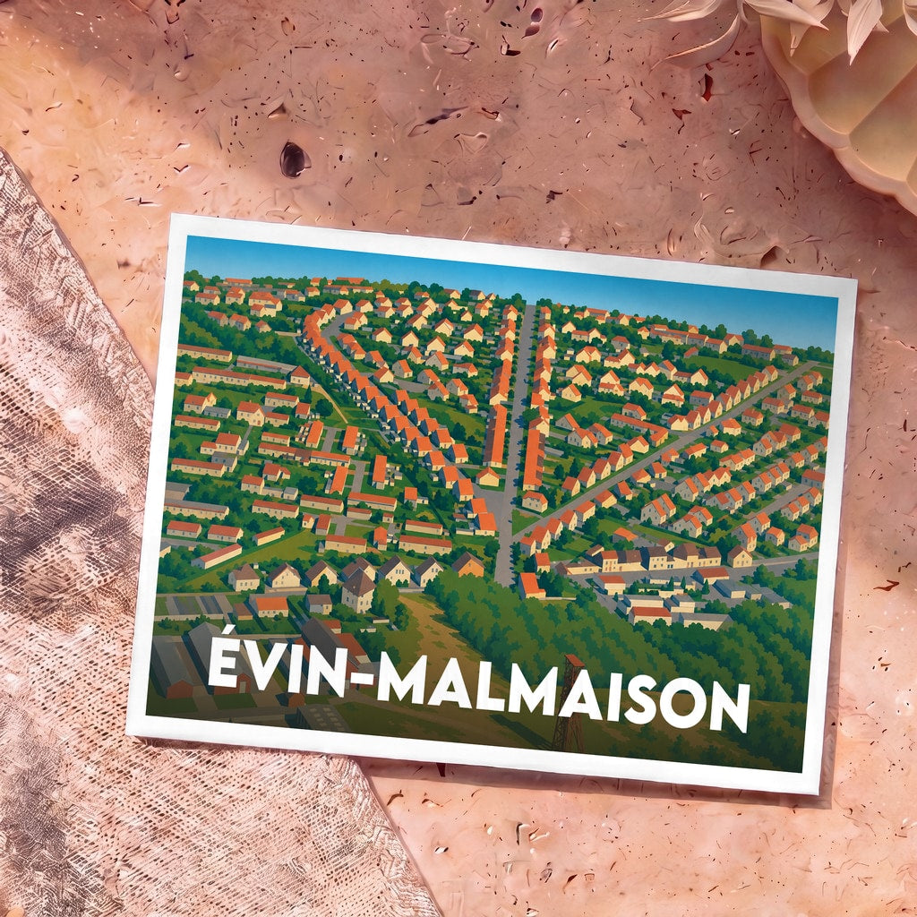 Carte postale souvenir de la ville de Évin-Malmaison illustrée par une vue aérienne stylisée et colorée.