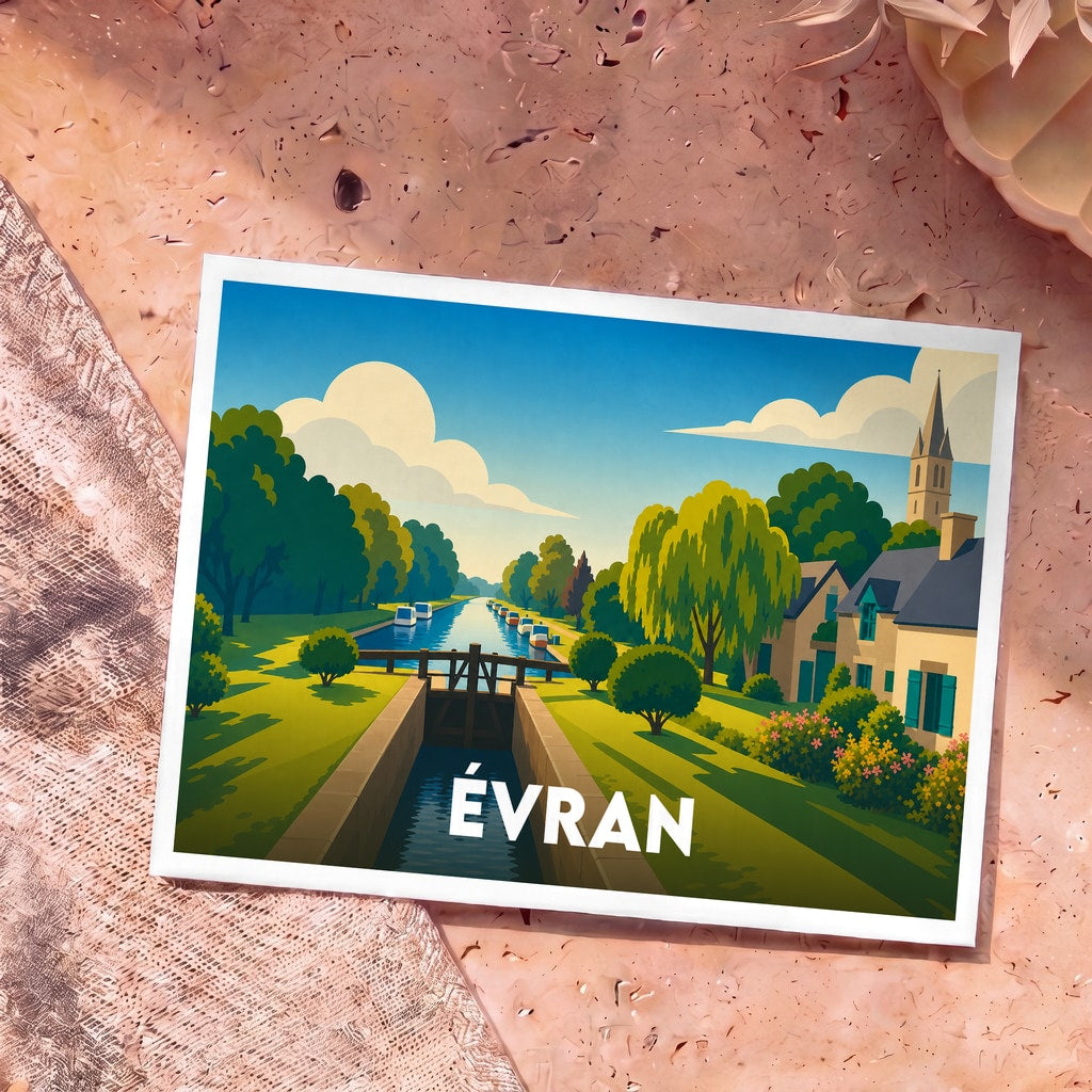 Carte postale souvenir de la ville d'Évran illustrant une écluse sur le canal dans un style graphique épuré.