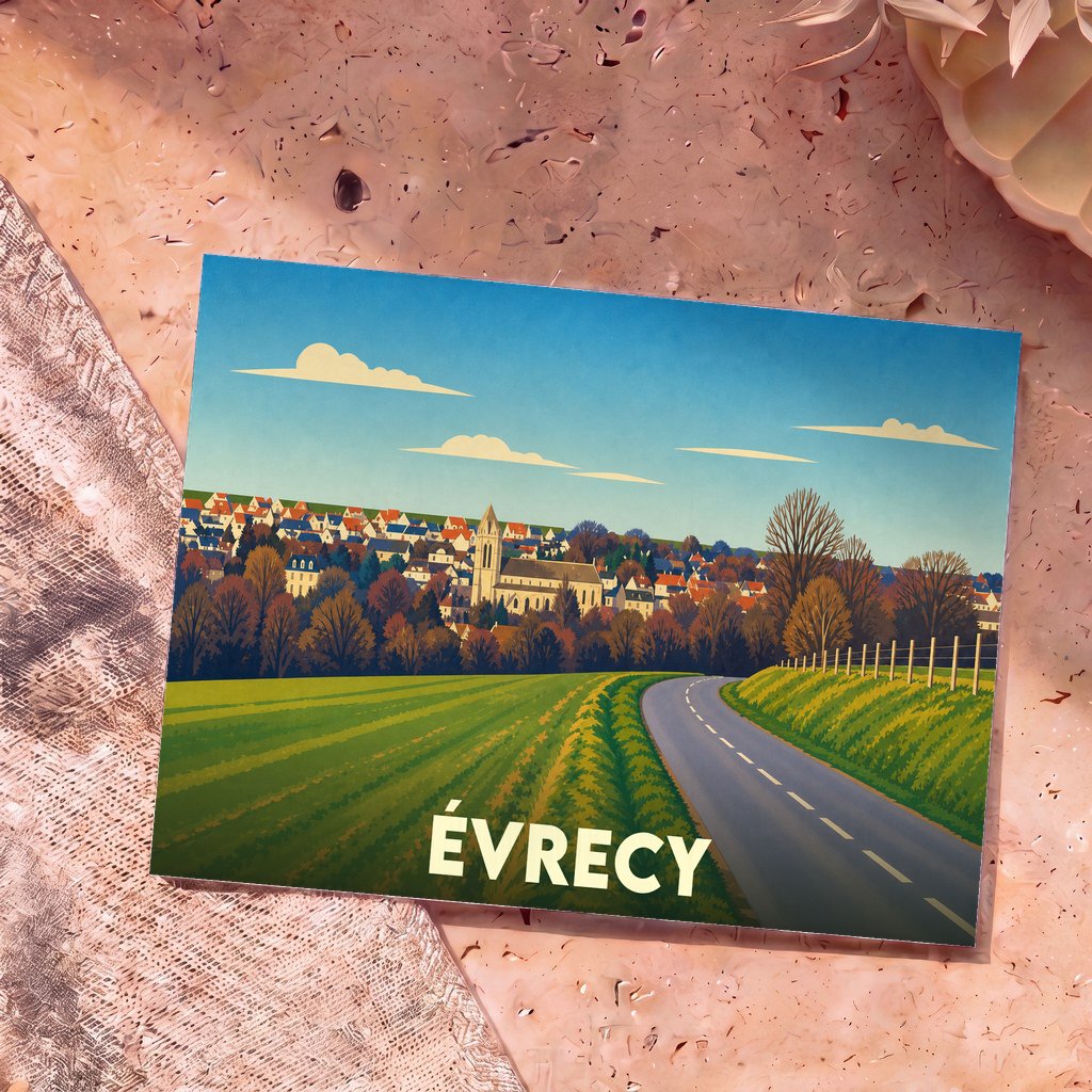 Carte postale souvenir de la ville d'Évrecy avec une illustration stylisée d'un paysage normand.