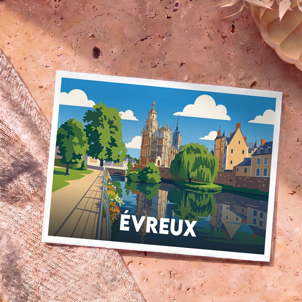 Carte postale souvenir de la ville d'Évreux avec une illustration colorée et stylisée de sa cathédrale bordant l'Iton.