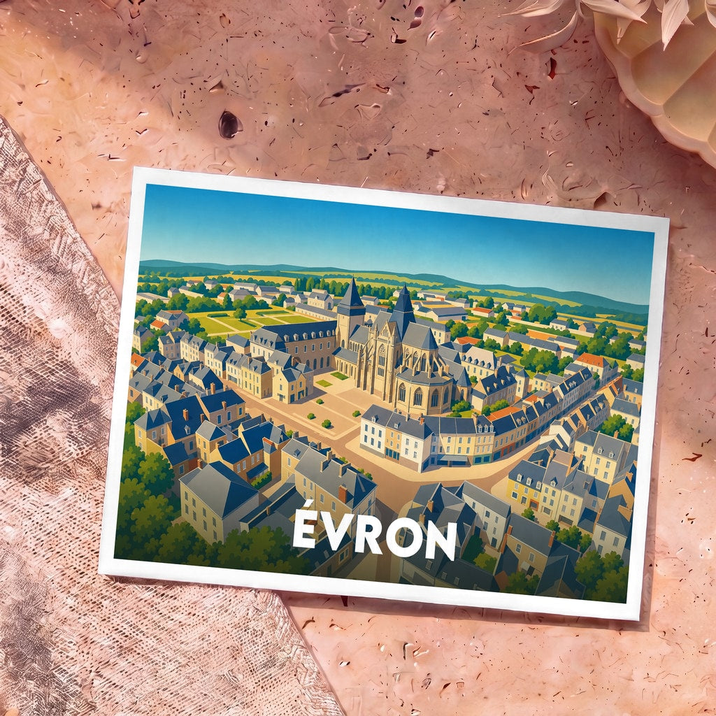 Carte postale souvenir de la ville d'Évron avec une illustration stylisée de son abbaye et de ses toitures.
