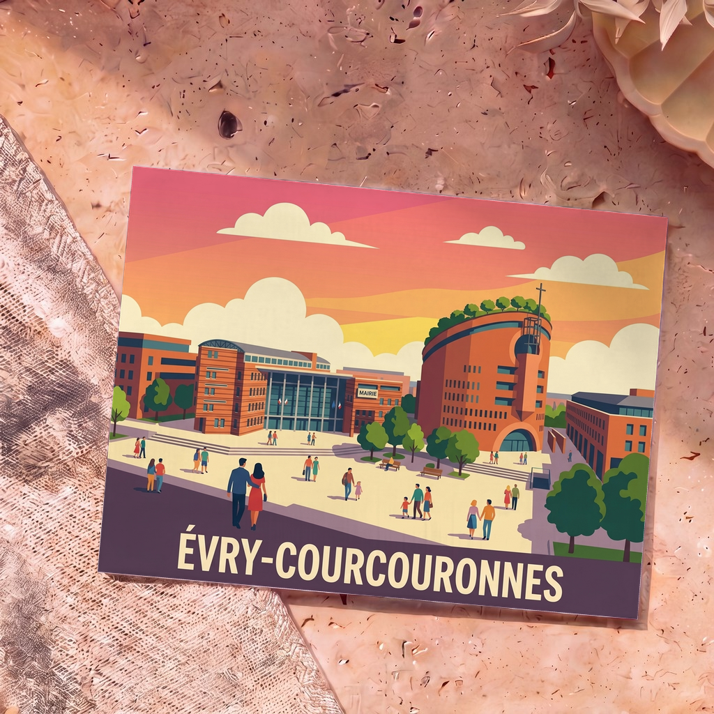 Carte postale souvenir de la ville d'Évry-Courcouronnes avec une illustration stylisée de sa place principale et de sa cathédrale.