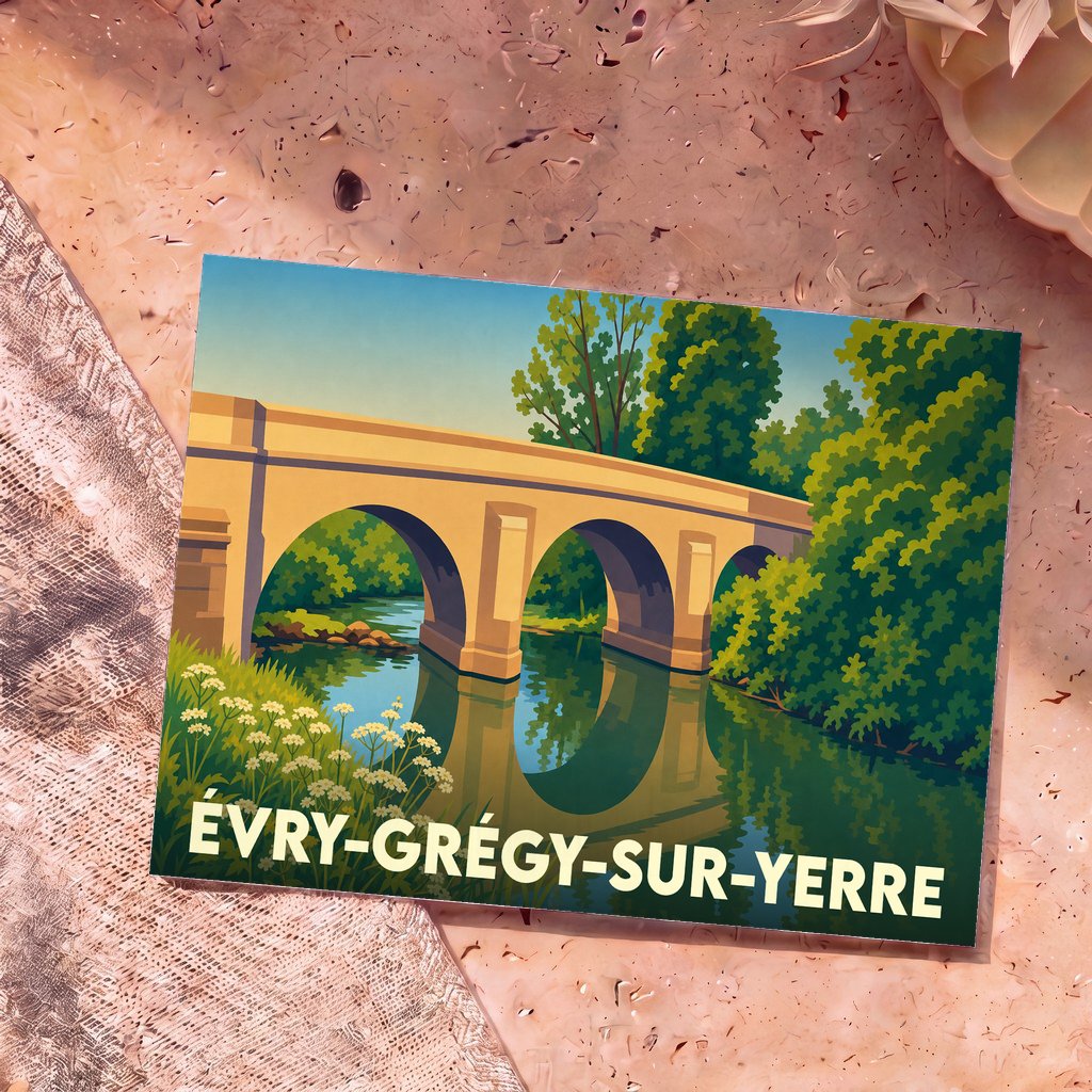 Carte postale souvenir de la ville d'Évry-Grégy-sur-Yerre avec une illustration stylisée d'un pont en pierre.