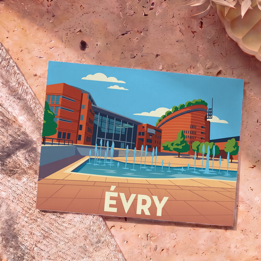 Carte postale souvenir de la ville d'Évry avec une illustration stylisée de sa place centrale et ses fontaines.