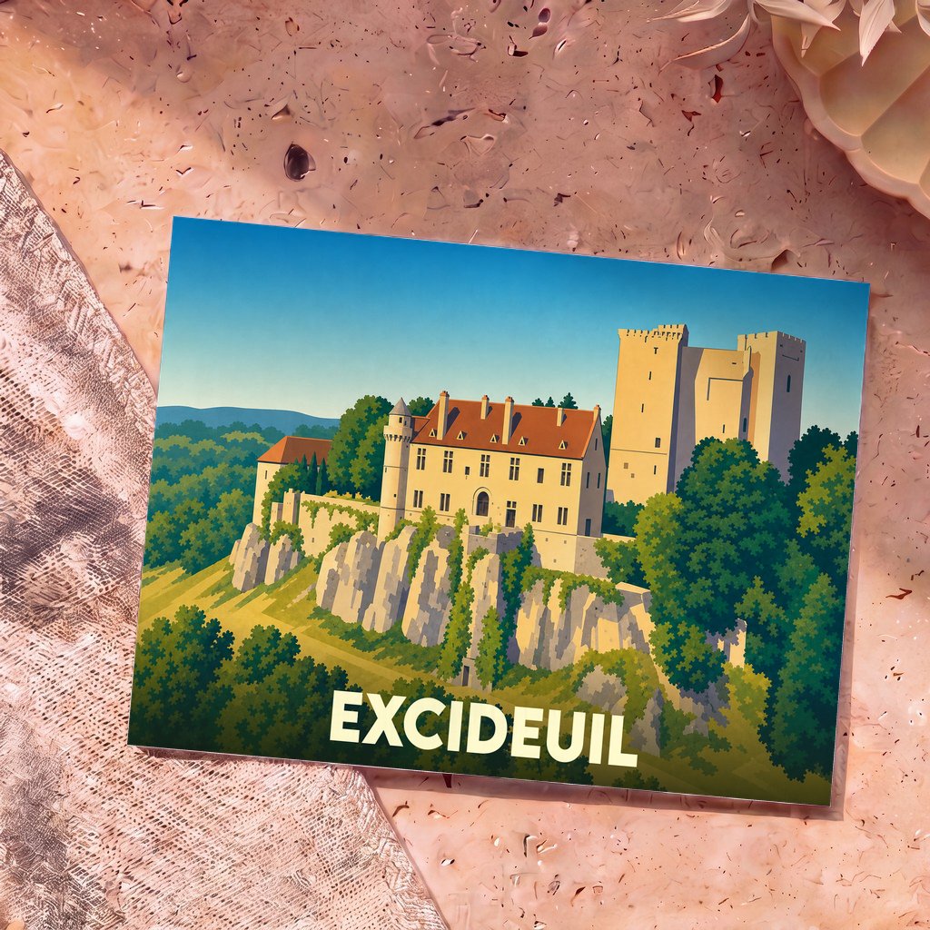 Carte postale souvenir d'Excideuil illustrant son château perché sur un éperon rocheux dans un style graphique épuré.