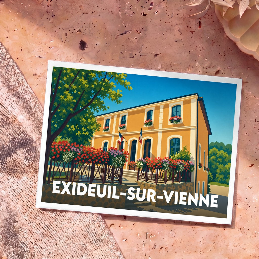 Carte postale souvenir de la ville d'Exideuil-sur-Vienne avec une illustration colorée et fleurie de la mairie.