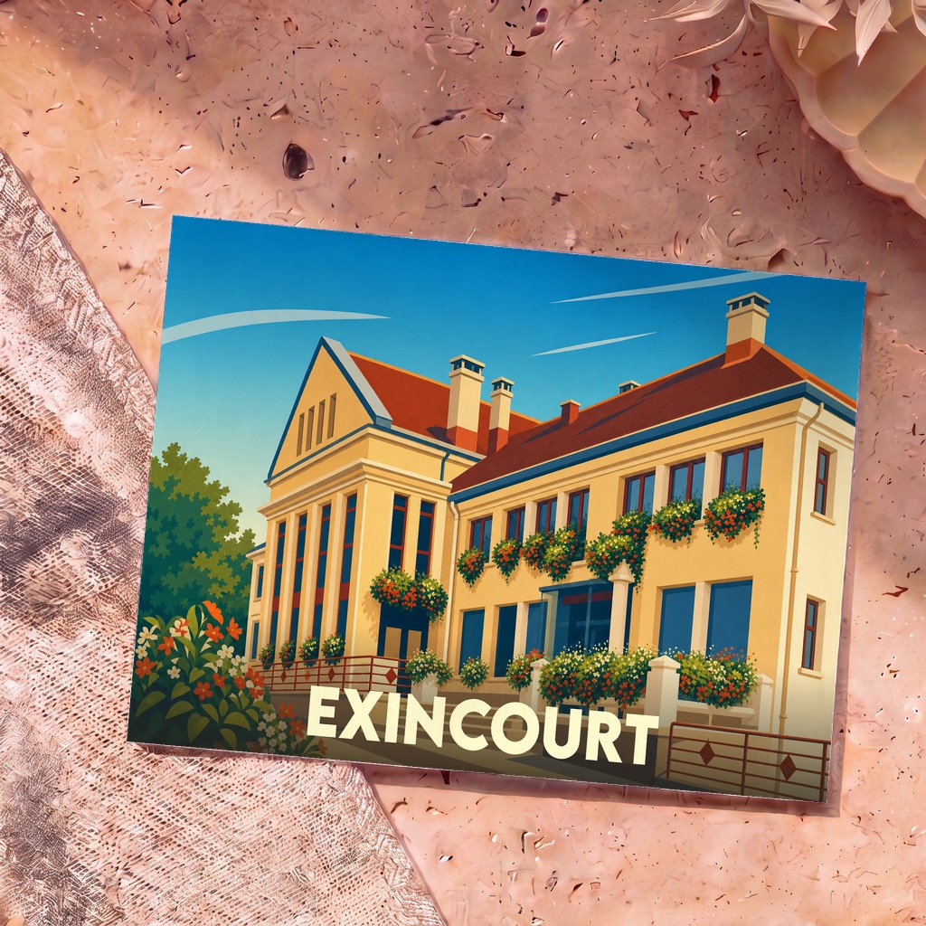 Carte postale souvenir de la ville de Exincourt avec une illustration stylisée de sa mairie fleurie.