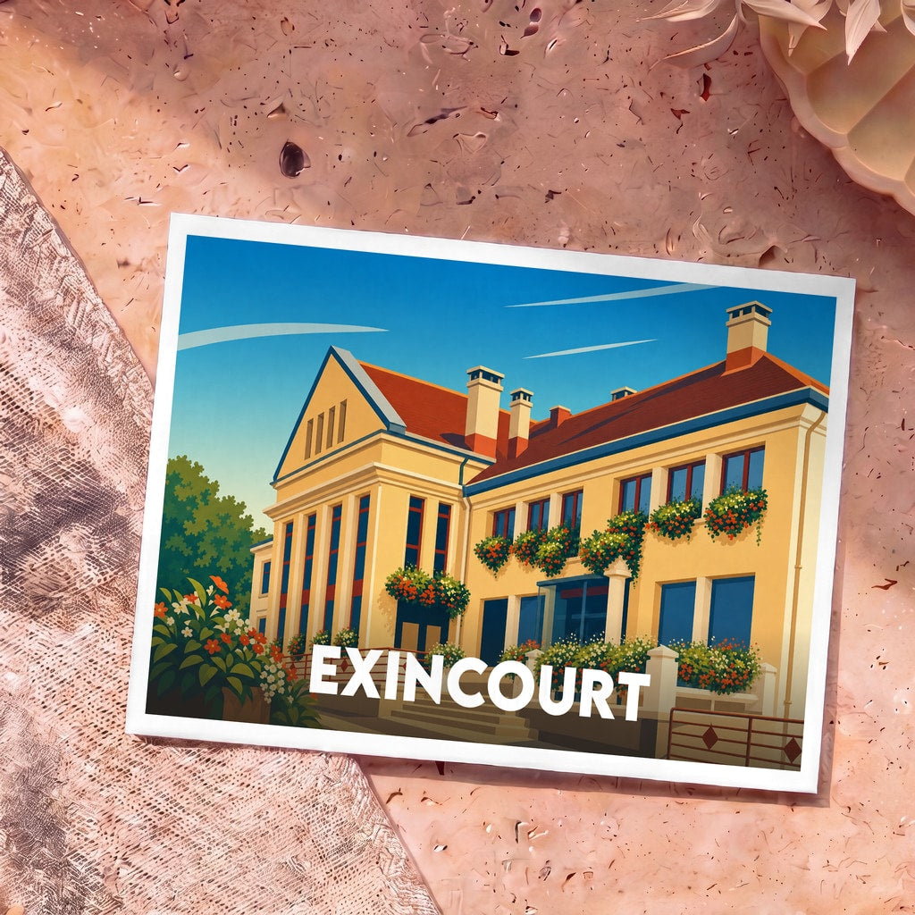 Carte postale souvenir de la ville de Exincourt avec une illustration stylisée de sa mairie fleurie.