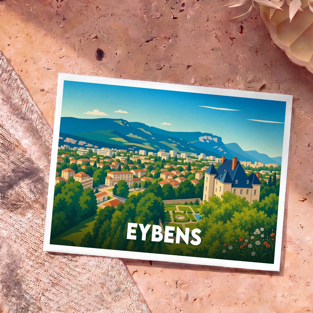 Carte postale souvenir de la ville d'Eybens avec une illustration stylisée représentant son château et ses montagnes.