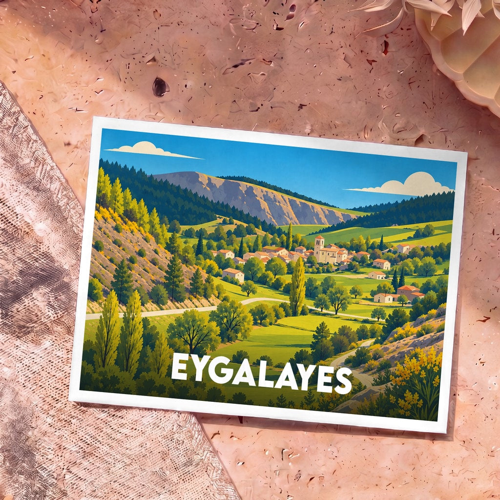 Carte postale souvenir de la ville d'Eygalayes avec une illustration stylisée de son paysage vallonné.