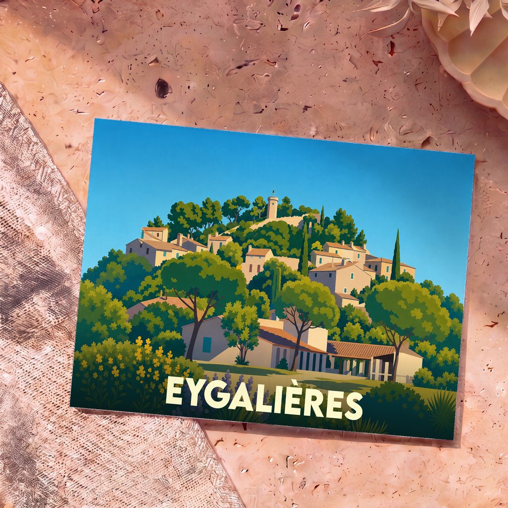 Carte postale souvenir de la ville d'Eygalières avec une illustration stylisée d'un village perché.