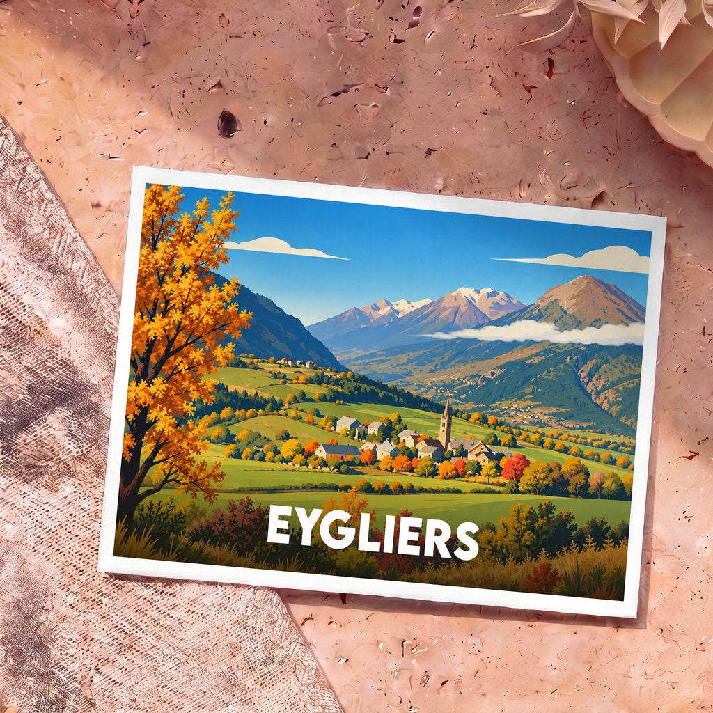 Carte postale souvenir de la ville d'Eygliers avec une illustration stylisée d'un paysage de montagne automnal.