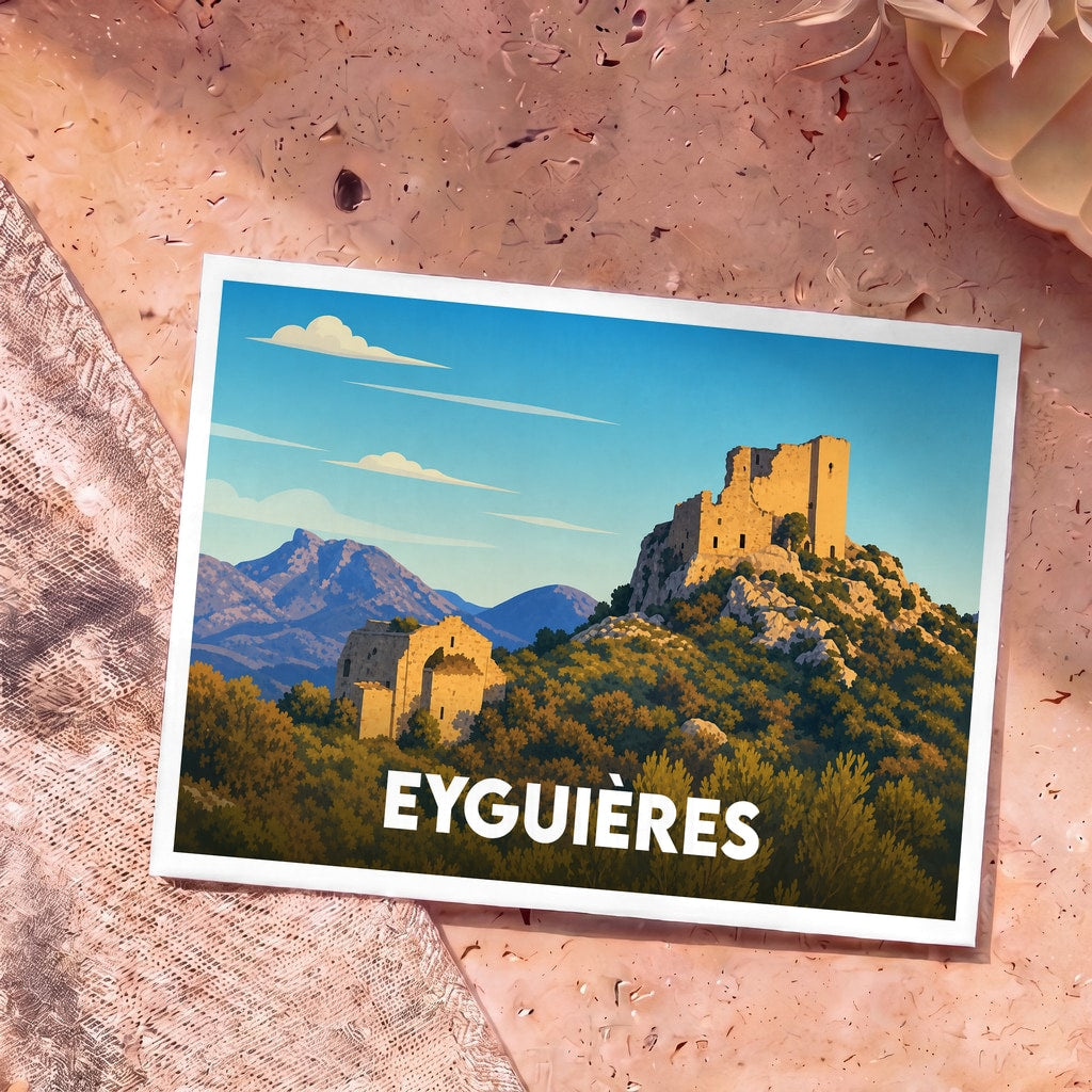 Carte postale souvenir de la ville d'Eyguières illustrant des ruines de châteaux dans un paysage de collines provençales.