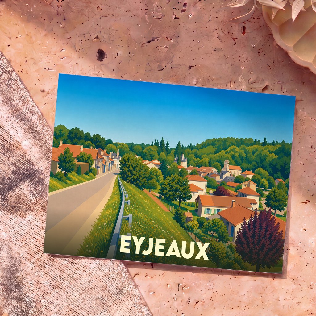 Carte postale souvenir de la commune d'Eyjeaux avec une illustration stylisée du village niché dans la verdure.