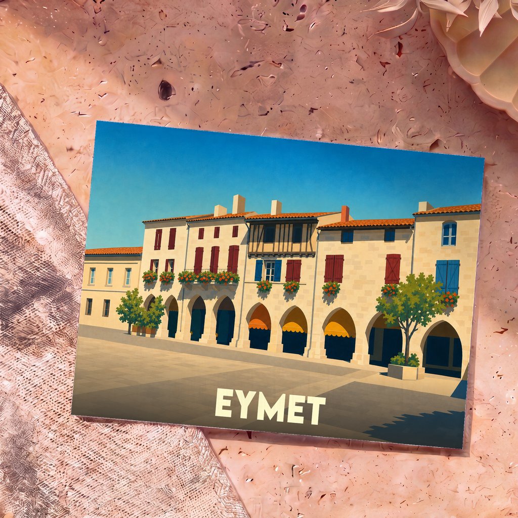 Carte postale souvenir de la ville d'Eymet illustrant sa place centrale à arcades dans un style graphique épuré.