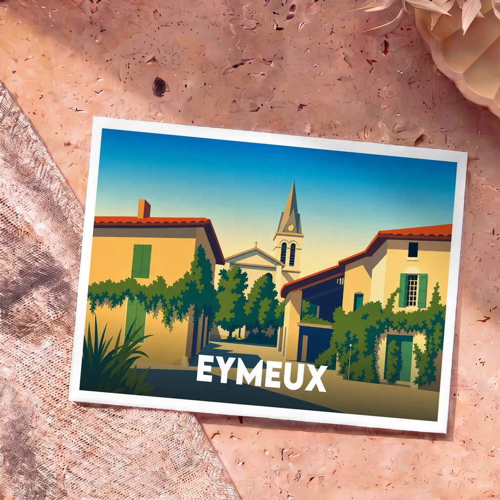 Carte postale souvenir de la ville d'Eymeux avec une illustration stylisée d'un village ensoleillé.