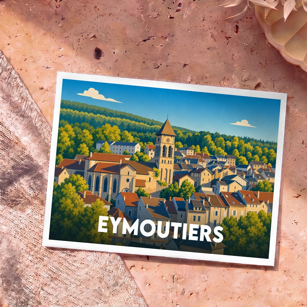 Carte postale souvenir de la ville d'Eymoutiers avec une illustration stylisée de son église et de ses maisons colorées.